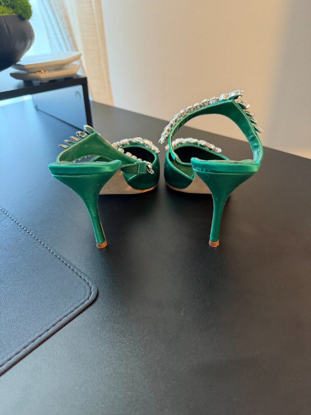 Manolo Blahnik Lurum Green Crystal Embellished 90 mm Satin Mules - Picture 7 of 7
